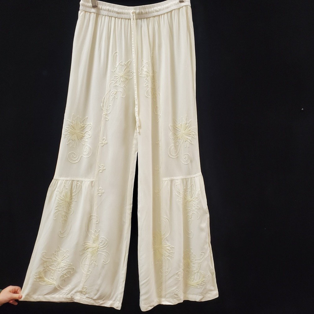 Nostalgia Womens Embroidered Wide Leg Boho Pants Size L Cream Tiered Festival